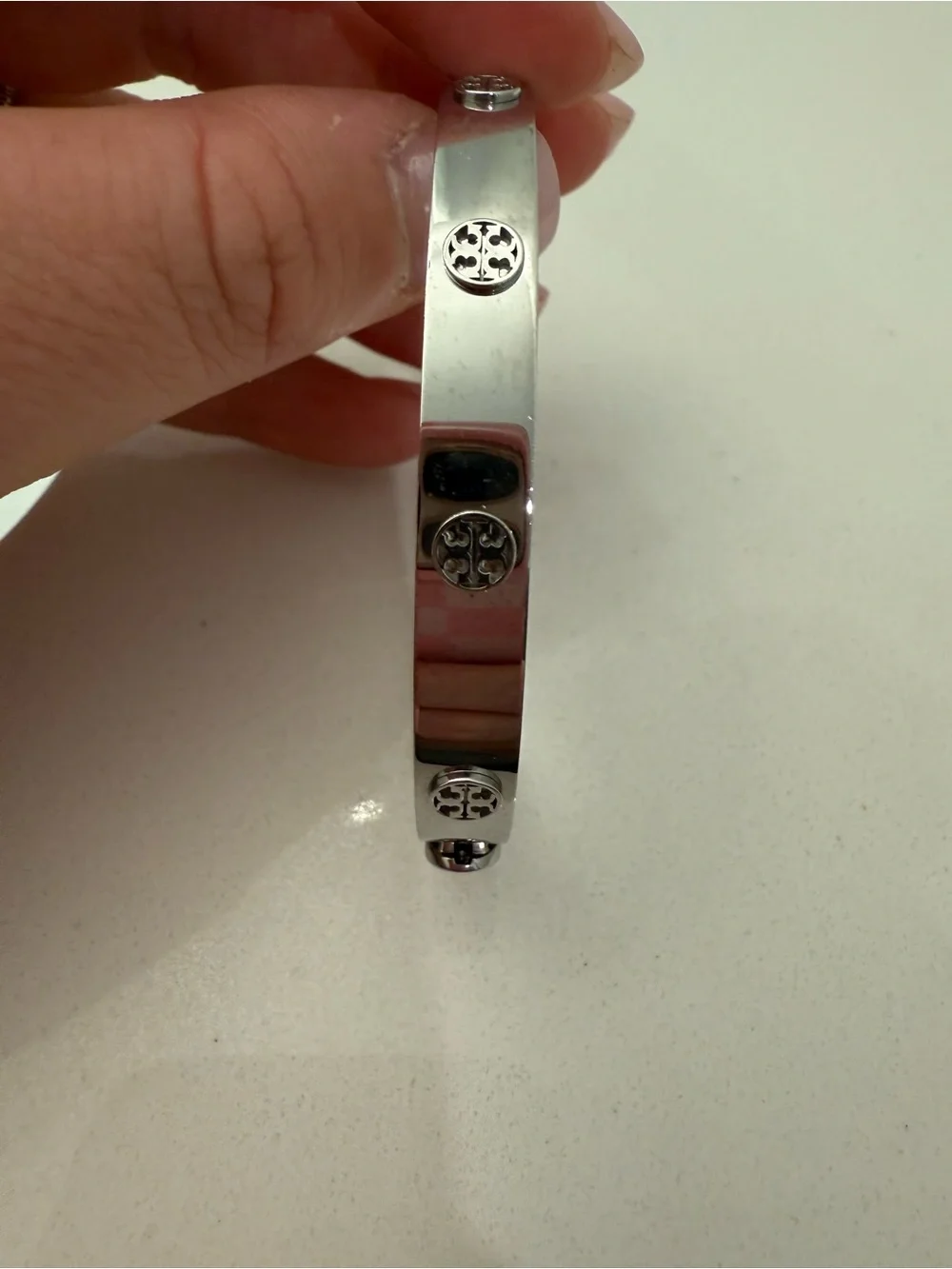 Tory Burch Polished Silver Logo Stud Thin Hinge Bracelet